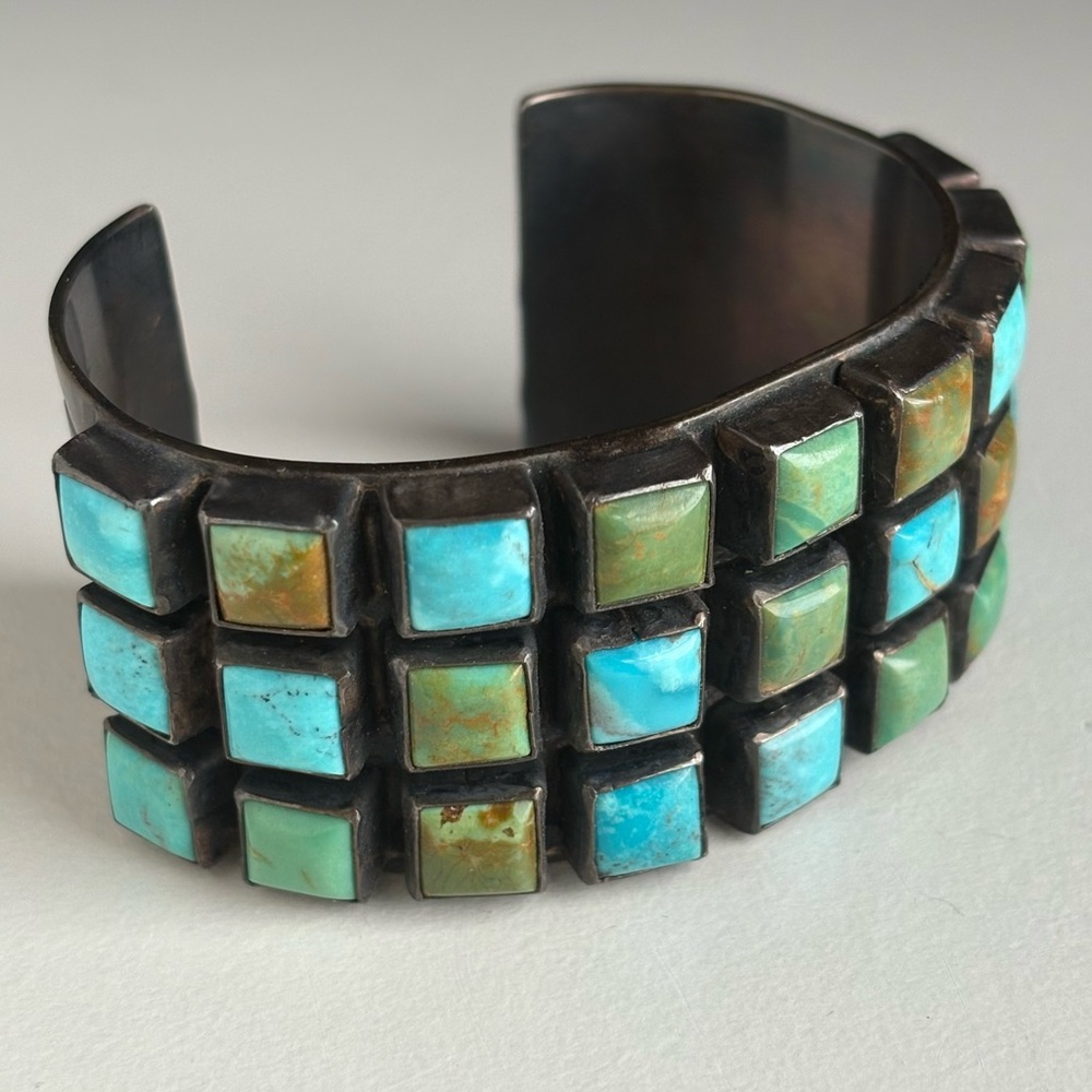 Sterling Silver Zuni Mid Century Mod Square Turquoise Petit Point Row Grid Cuff - Picture 2 of 15